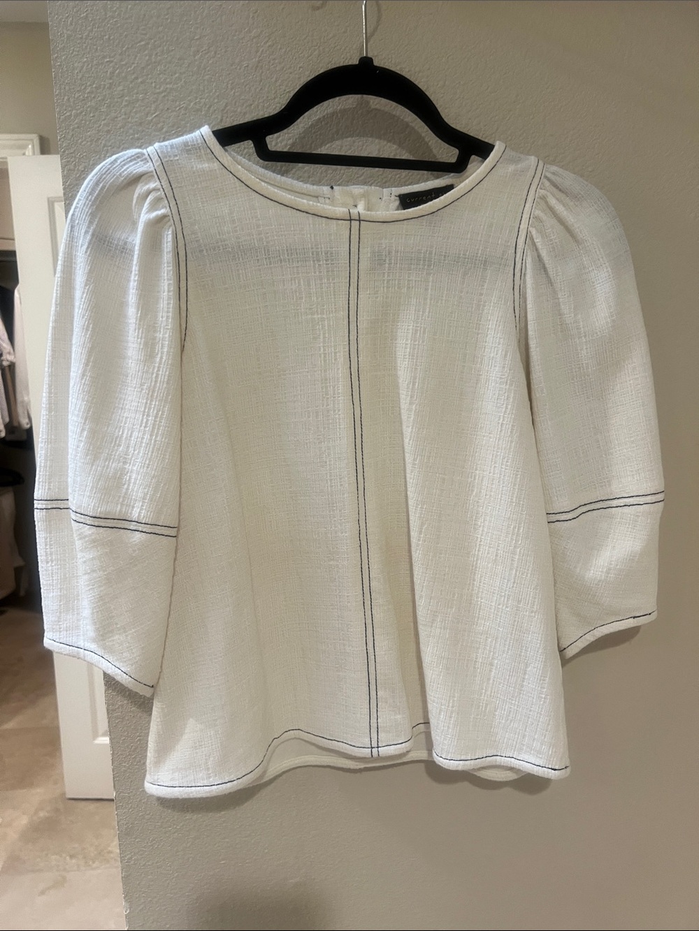 Anthropologie | Current Air White Puff-Sleeve Blouse with Black Topstitching